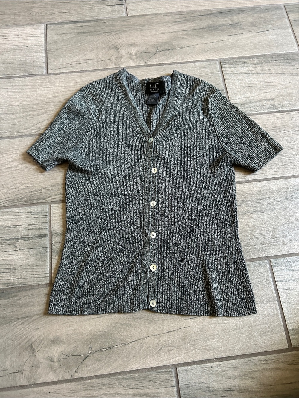 City Studio Short-Sleeve Button Front Cardigan in Gray and black